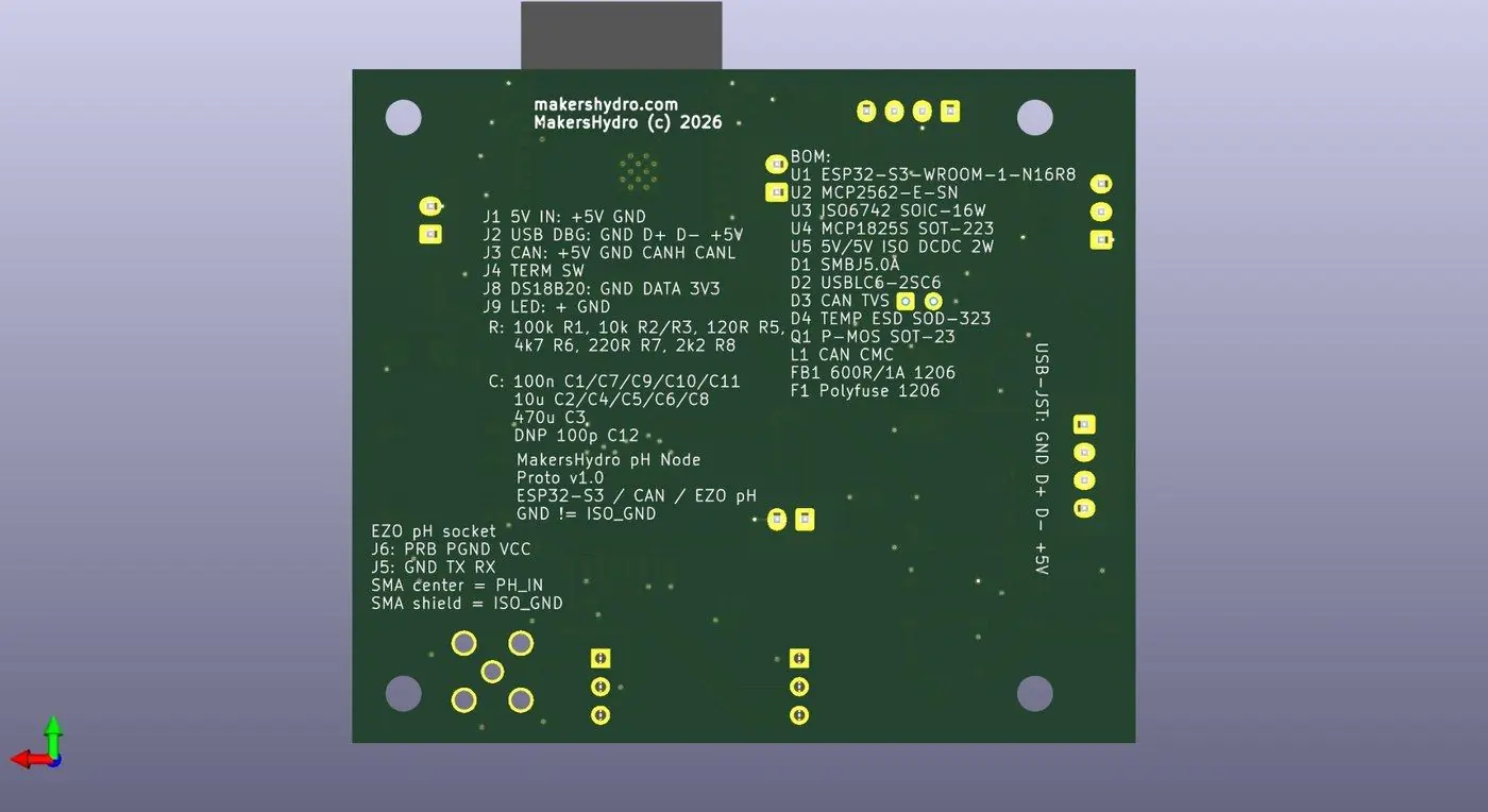 MakersHydro pH Node bottom side PCB