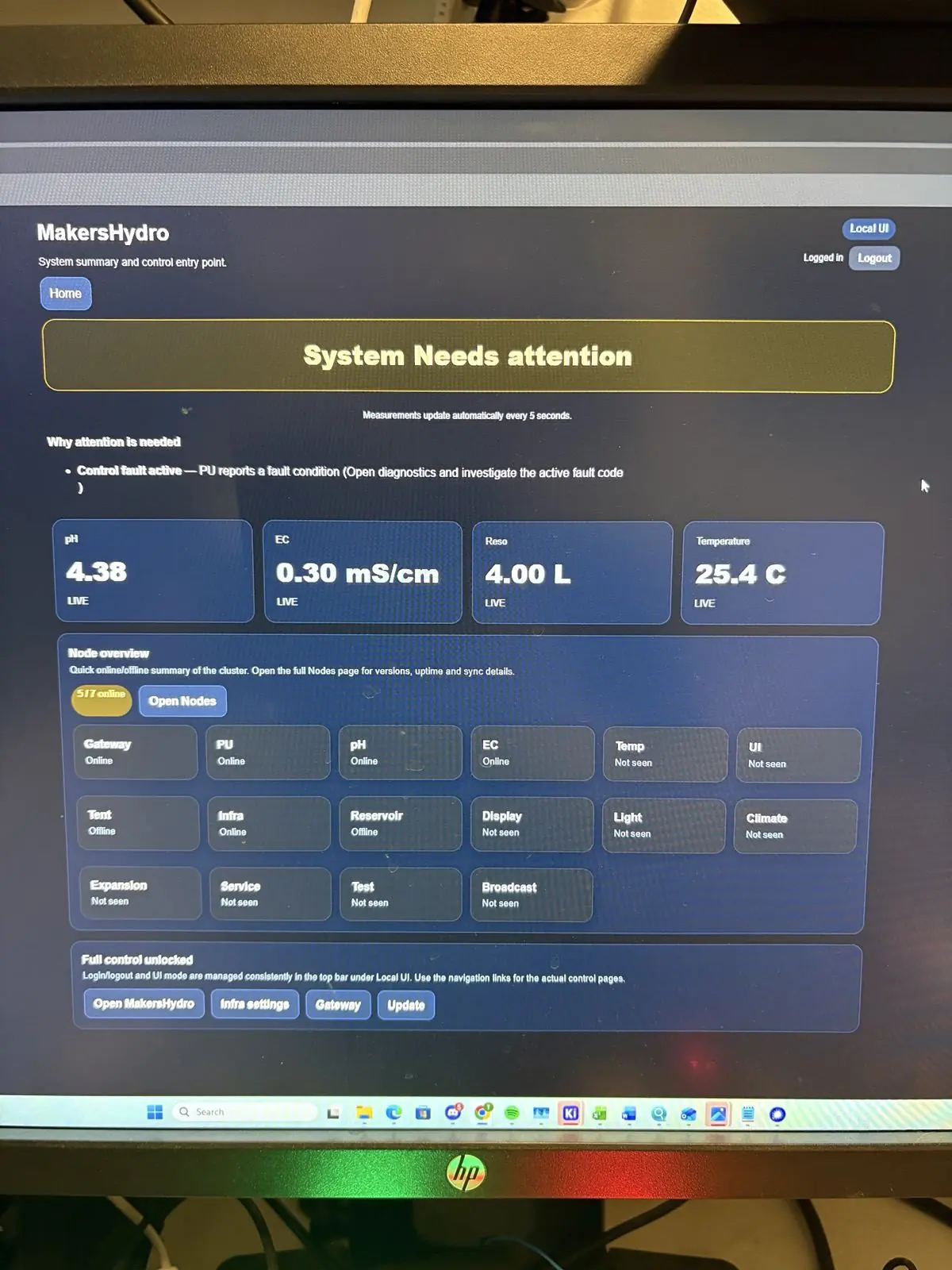 MakersHydro user interface validation with live telemetry from a multi-node hydroponics automation system
